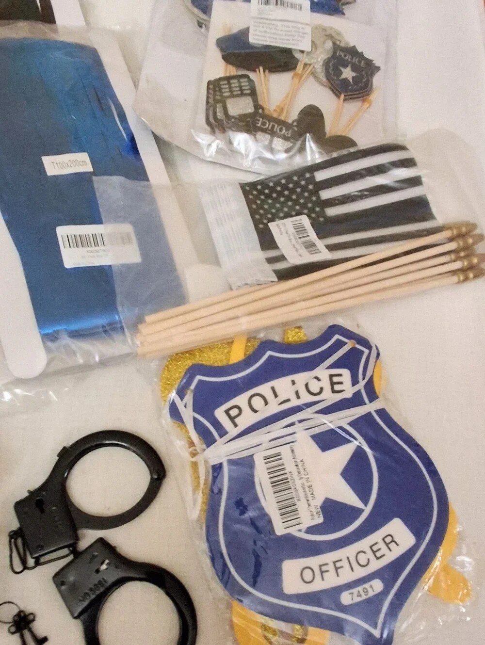 Party Supplies Huge Lot Policeman- Badges Handcuffs, Crime Tape, Flags, Banners